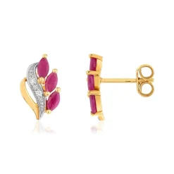 Boucles d'oreilles or 750 2 tons feuilles rubis taille marquise et diamants