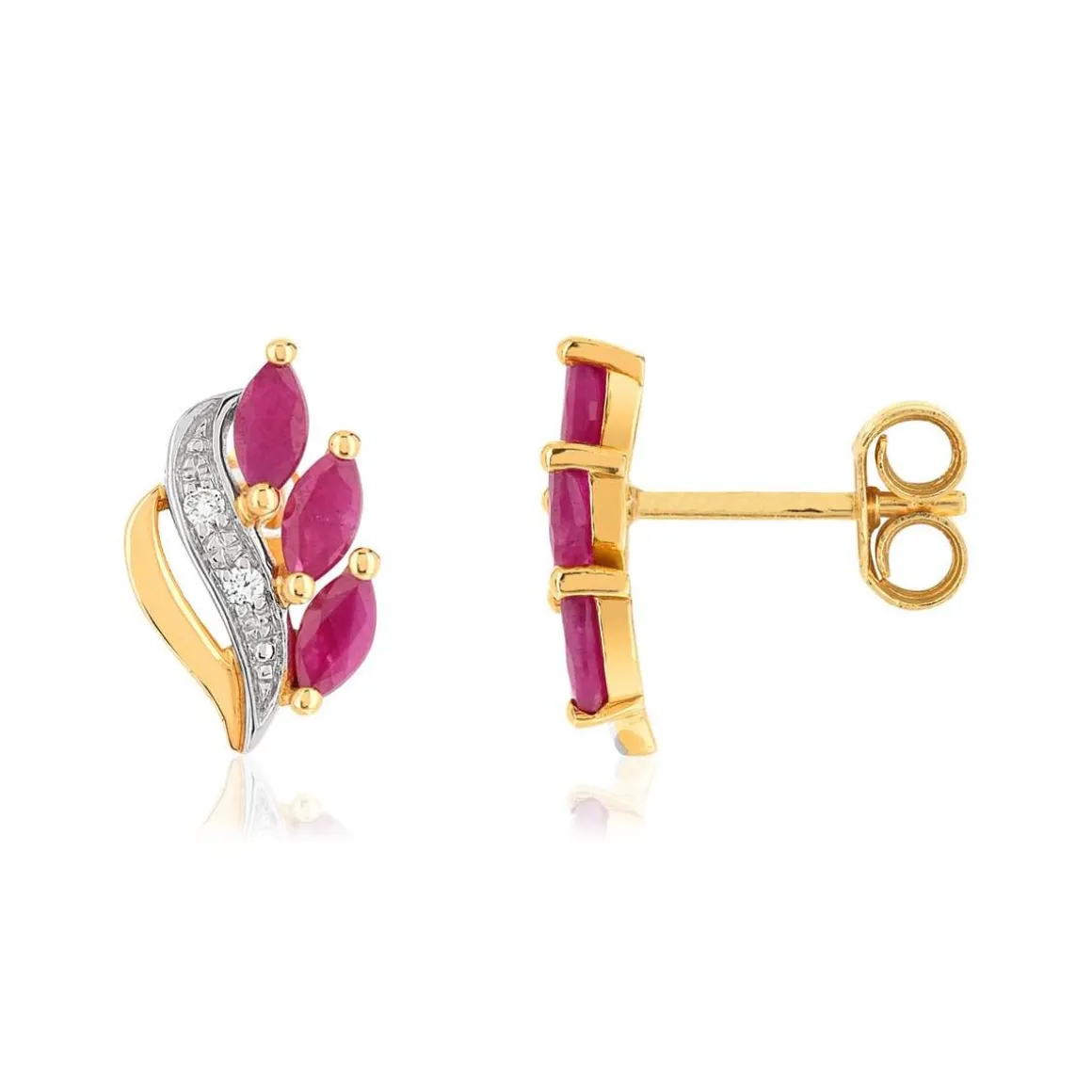 Boucles d'oreilles or 750 2 tons feuilles rubis taille marquise et diamants