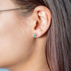 Boucles d'oreilles or 375 2tons fleur émeraudes et diamants