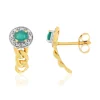 Boucles d'oreilles or 375 2 tons, émeraudes, diamants, motif maille gourmette