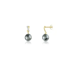 Boucles d'oreilles or 750 2 tons pendants perles de culture de Tahiti et diamants