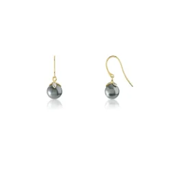Boucles d'oreilles or 375 2 tons pendants perles de culture de Tahiti et diamants