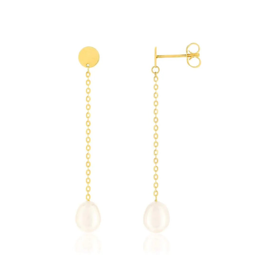 Boucles d'oreilles pendantes or jaune 375, perles de culture de Chine forme poire.