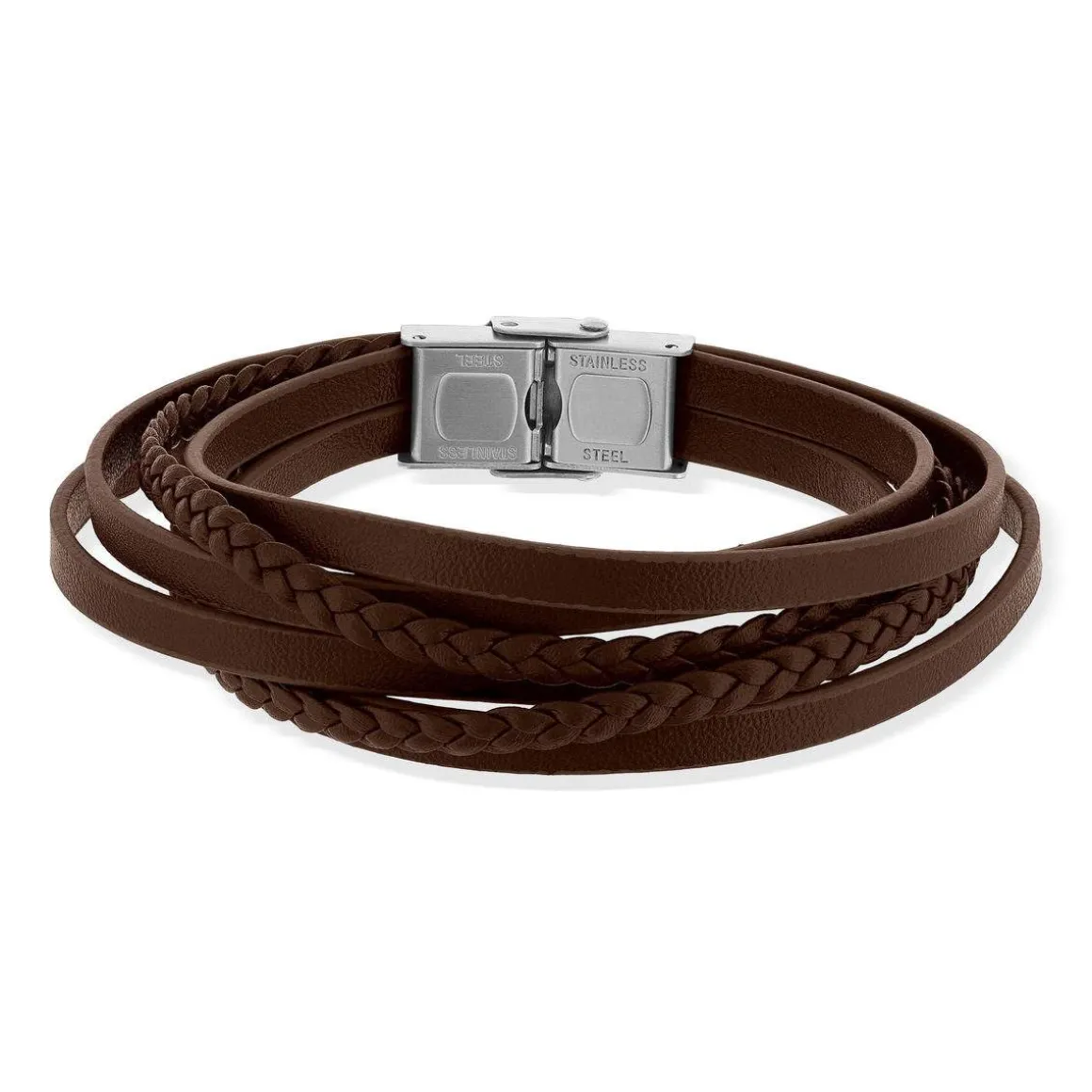 Bracelet acier cuir multi rangs marron 20,5 cm