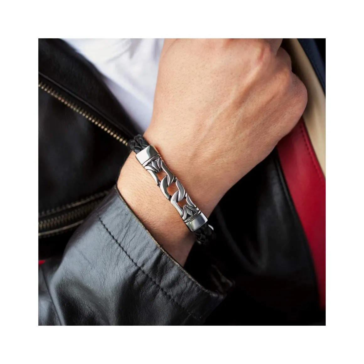 Bracelet acier cuir tressé noir 22 cm