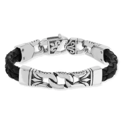 Bracelet acier cuir tressé noir 22 cm