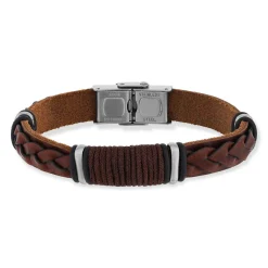 Bracelet acier et cuir marron 19cm