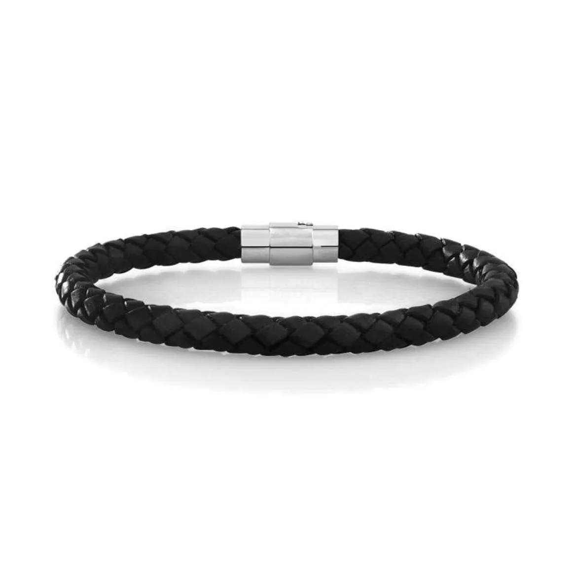 Bracelet acier et cuir noir tressé 21 cm