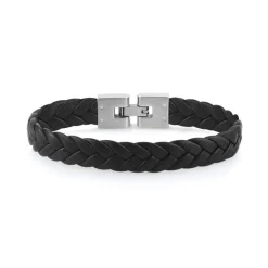 Bracelet acier et cuir noir tressé 19 cm