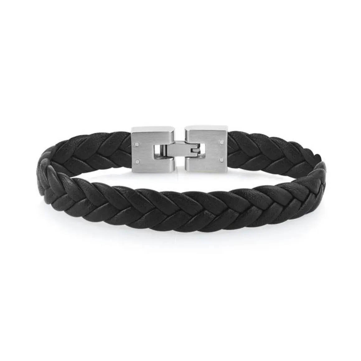 Bracelet acier et cuir noir tressé 19 cm