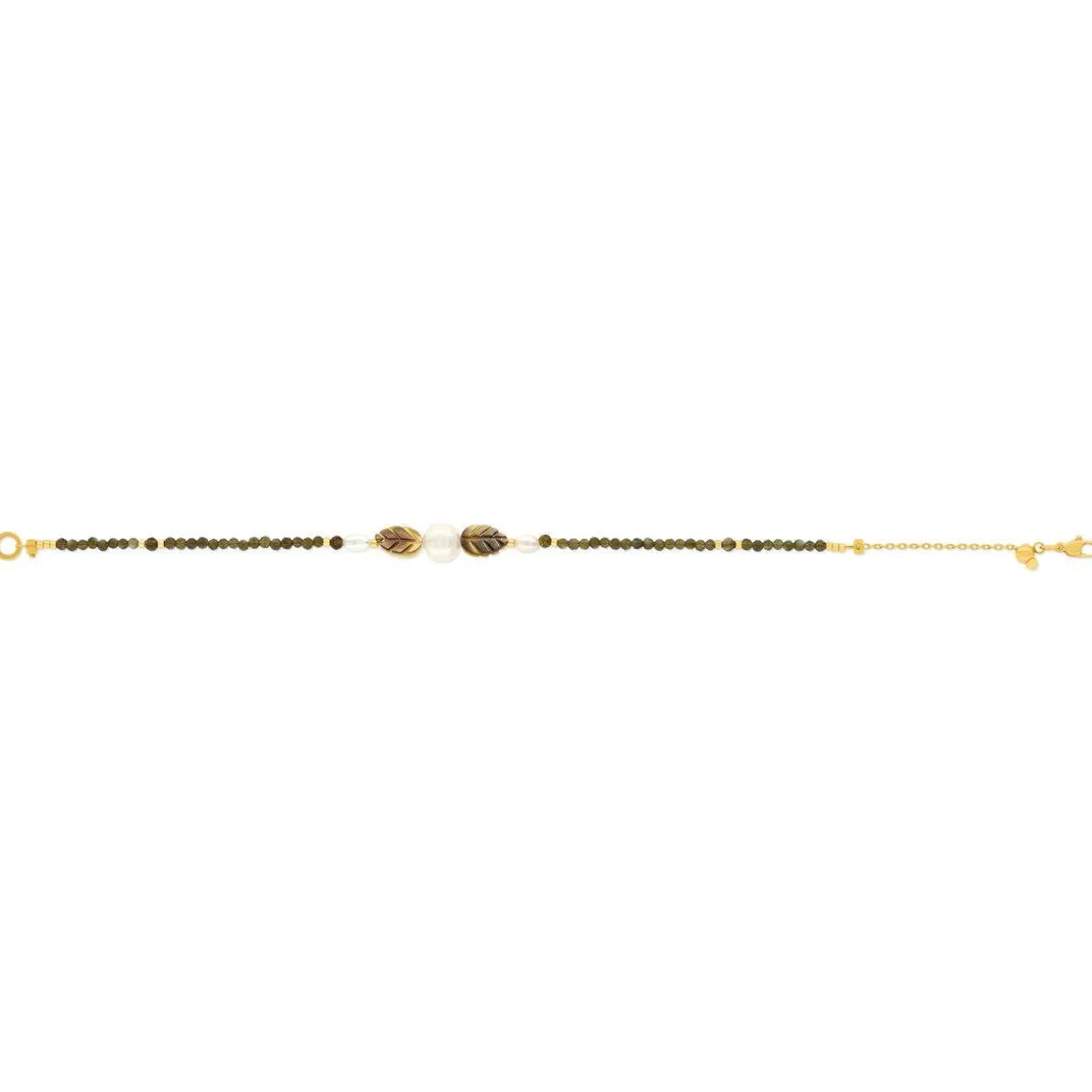 Bracelet acier jaune motifs feuilles pierres naturelles et perles de culture de Chine 18cm