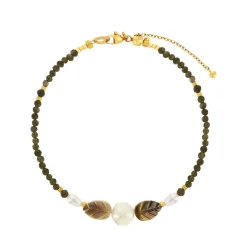 Bracelet acier jaune motifs feuilles pierres naturelles et perles de culture de Chine 18cm