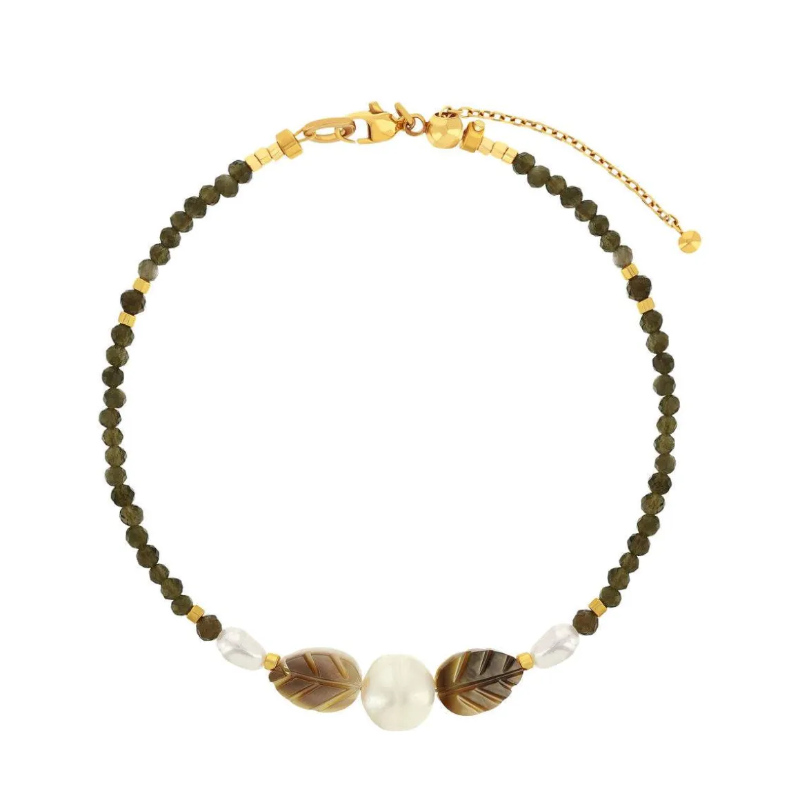 Bracelet acier jaune motifs feuilles pierres naturelles et perles de culture de Chine 18cm