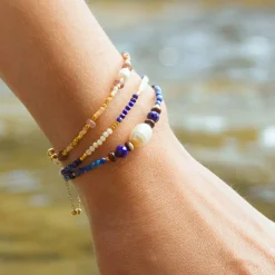 Bracelet acier jaune pierres naturelles et perle de culture de Chine 19cm