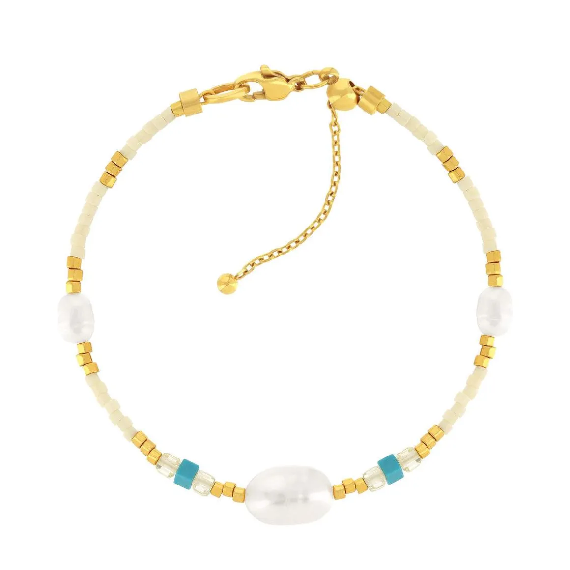 Bracelet acier jaune pierres naturelles et perles de culture de Chine 18cm