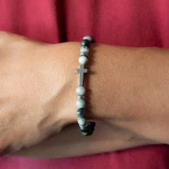 Bracelet acier motif croix et pierres naturelles vertes 23,5cm