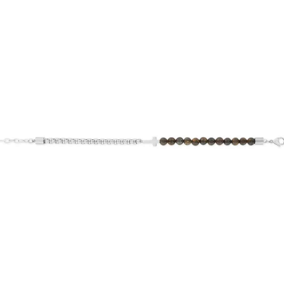 Bracelet acier motif croix pierres naturelles marrons 23cm
