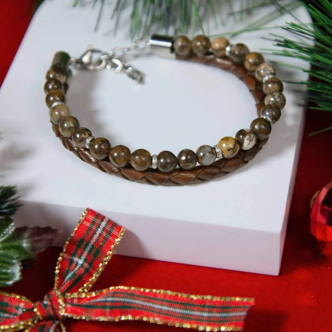 Bracelet agate cuir marron acier