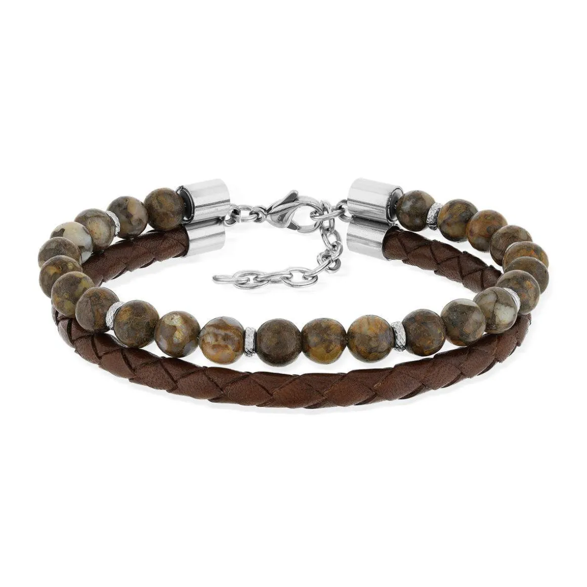 Bracelet agate cuir marron acier