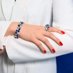 Bracelet argent 925 et ruthénium noir, pierres imitations bleues zirconias blanc 19 cm