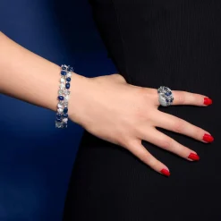 Bracelet argent 925 et ruthénium noir, pierres imitations bleues zirconias blanc 19 cm