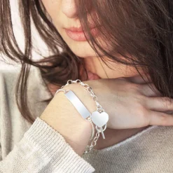 Bracelet argent 925 maille fantaisie pampille coeur 21 cm
