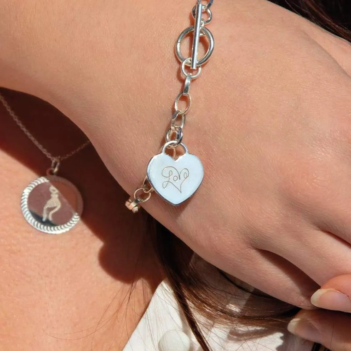 Bracelet argent 925 maille fantaisie pampille coeur 21 cm