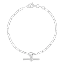 Bracelet argent 925 maille trombone motif T/bar zirconias. Longueur 19 cm.