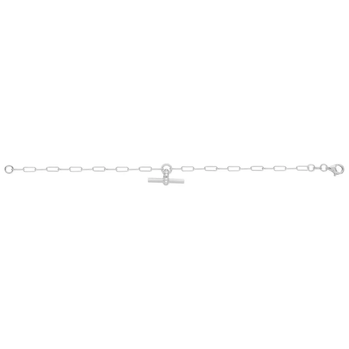 Bracelet argent 925 maille trombone motif T/bar zirconias. Longueur 19 cm.