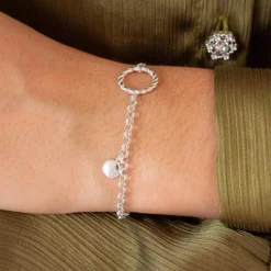 Bracelet argent 925 motif rond torsadé et pampille ronde 19 cm