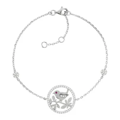 Bracelet argent 925 oiseau zirconias blancs et rouge 21 cm