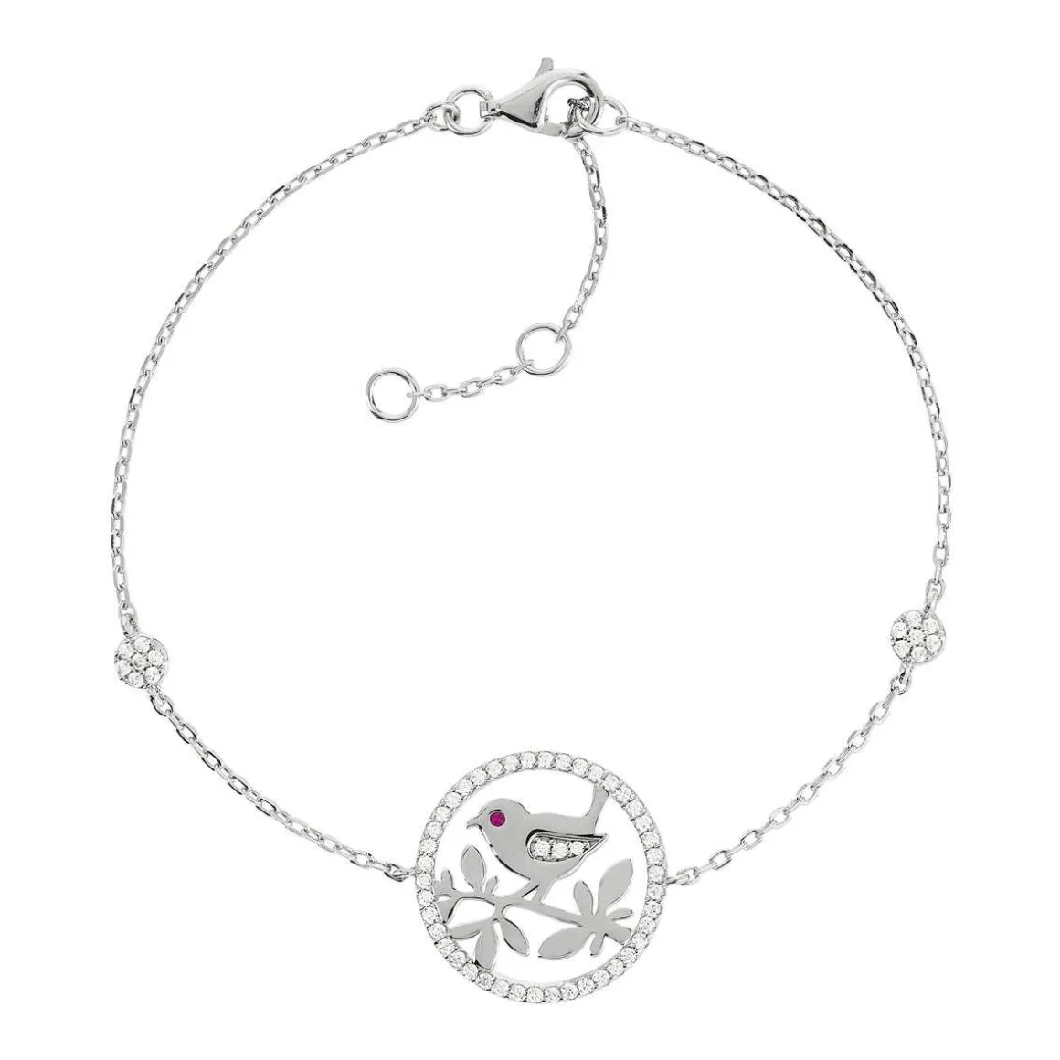 Bracelet argent 925 oiseau zirconias blancs et rouge 21 cm