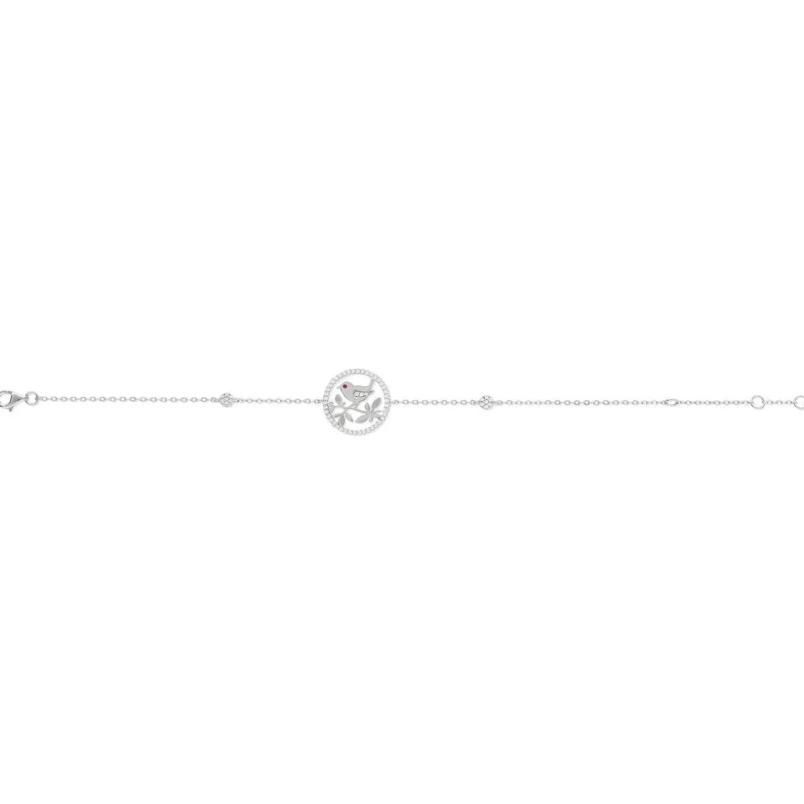Bracelet argent 925 oiseau zirconias blancs et rouge 21 cm