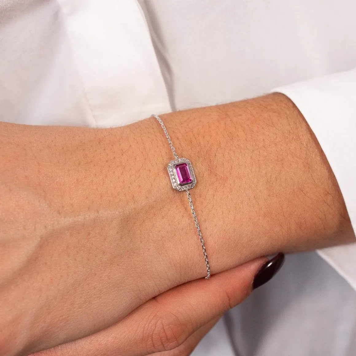 Bracelet argent 925 pierre synthétique rouge 18 cm