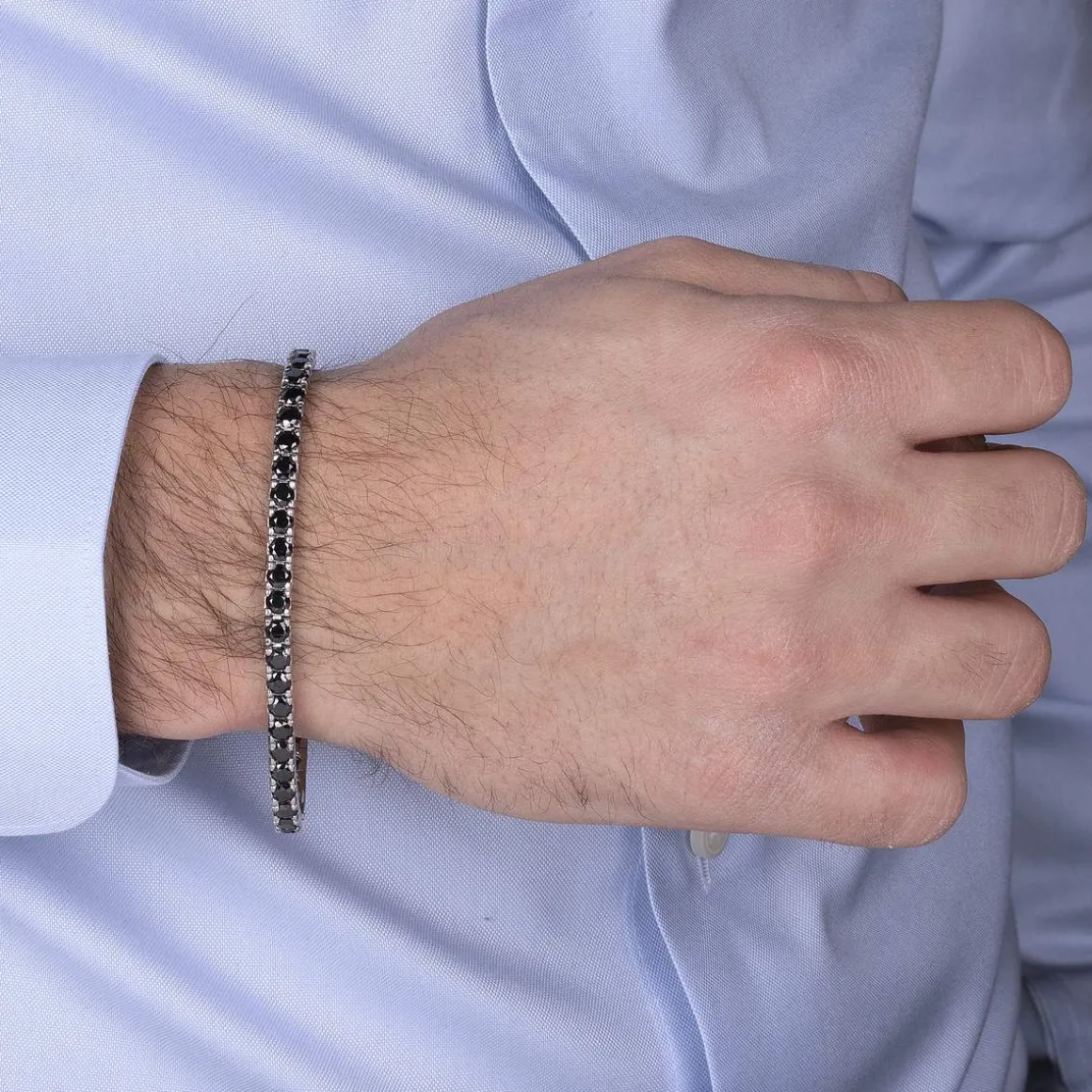 Bracelet argent 925 spinelles noires rondes 21cm