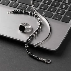 Bracelet argent 925 spinelles noires rondes 21cm
