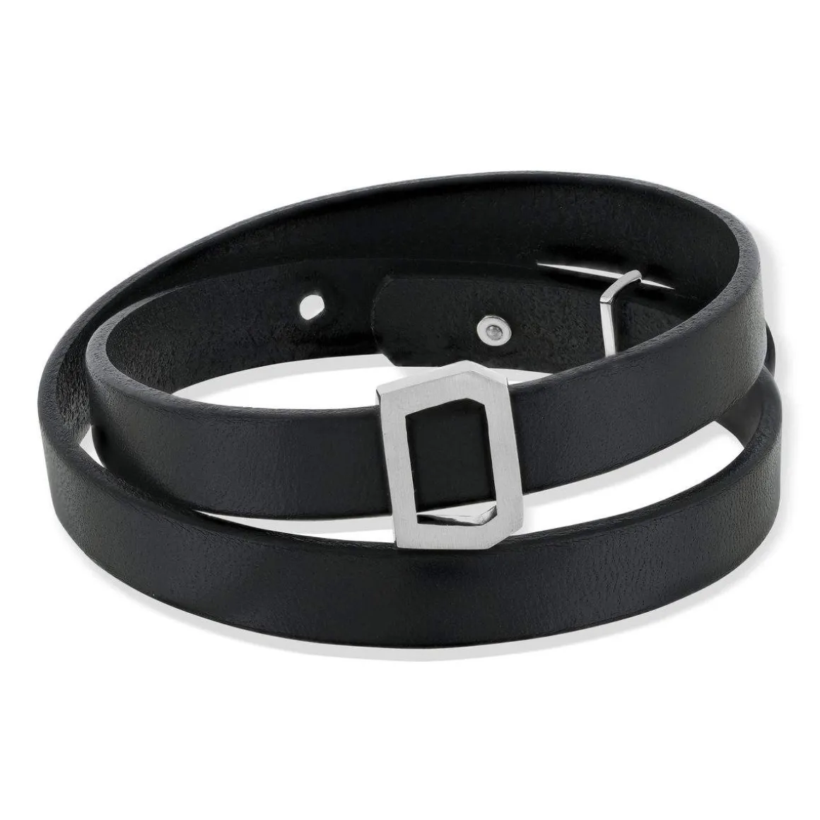 Bracelet boucle argent 925 double tour cuir noir