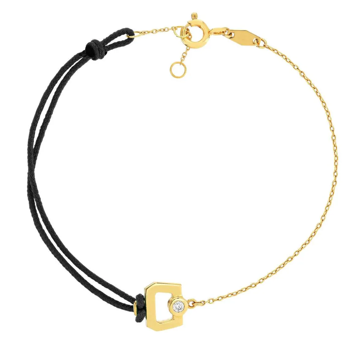 Bracelet boucle chaine or 750 jaune diamant et cordon noir 18cm