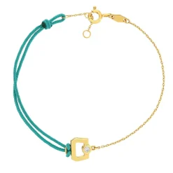 Bracelet boucle chaine or 750 jaune diamant et cordon vert 18cm