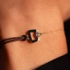 Bracelet boucle chaine or 750 jaune diamant et cordon chocolat 18cm
