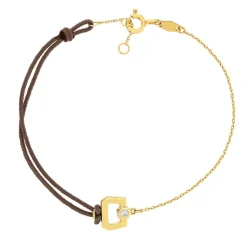 Bracelet boucle chaine or 750 jaune diamant et cordon chocolat 18cm