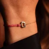 Bracelet boucle chaine or 750 jaune diamant et cordon rose 18cm