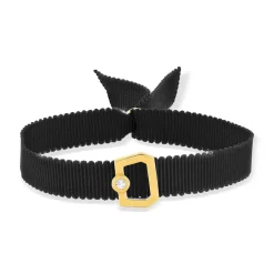 Bracelet boucle or 750 jaune diamant ruban noir 21cm