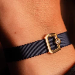 Bracelet boucle or 750 jaune diamant ruban marine 21cm