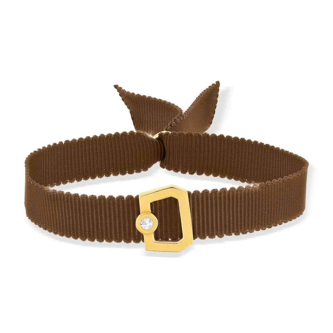 Bracelet boucle plaqué or jaune zirconias ruban chocolat 21cm