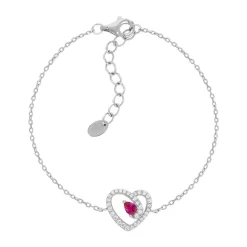 Bracelet coeur argent 925 rhodié rubis synthétique et zirconias