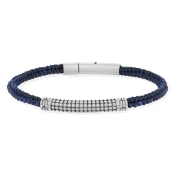 Bracelet cuir acier pierres naturelles bleues 20,5cm