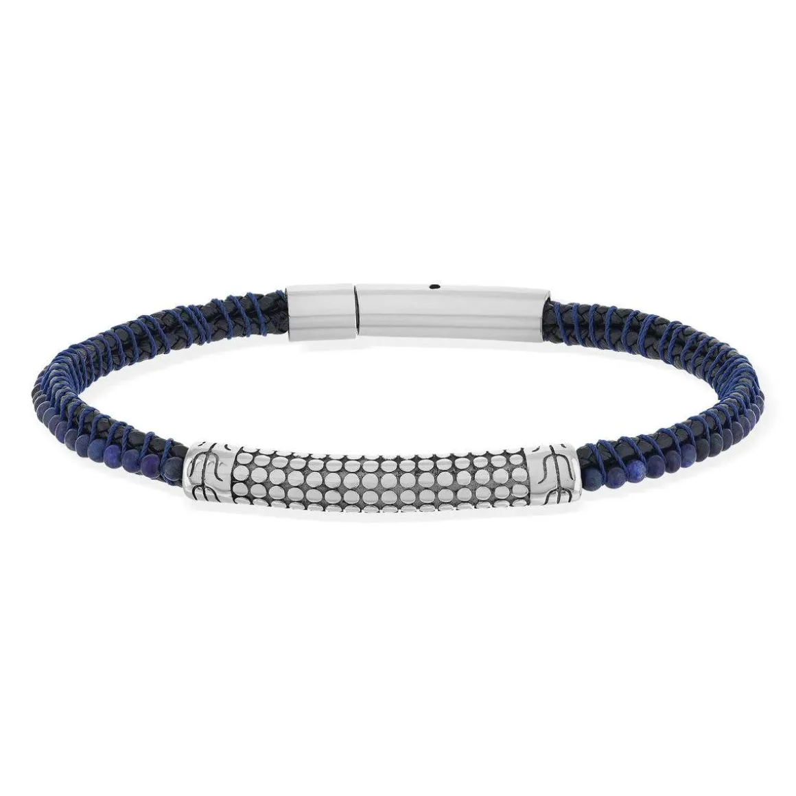 Bracelet cuir acier pierres naturelles bleues 20,5cm