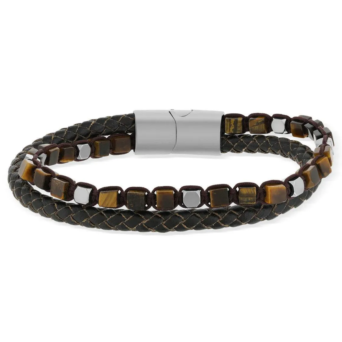 Bracelet cuir marron pierres naturelles marrons 20cm