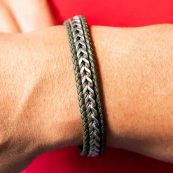 Bracelet cuir vert et acier 21cm